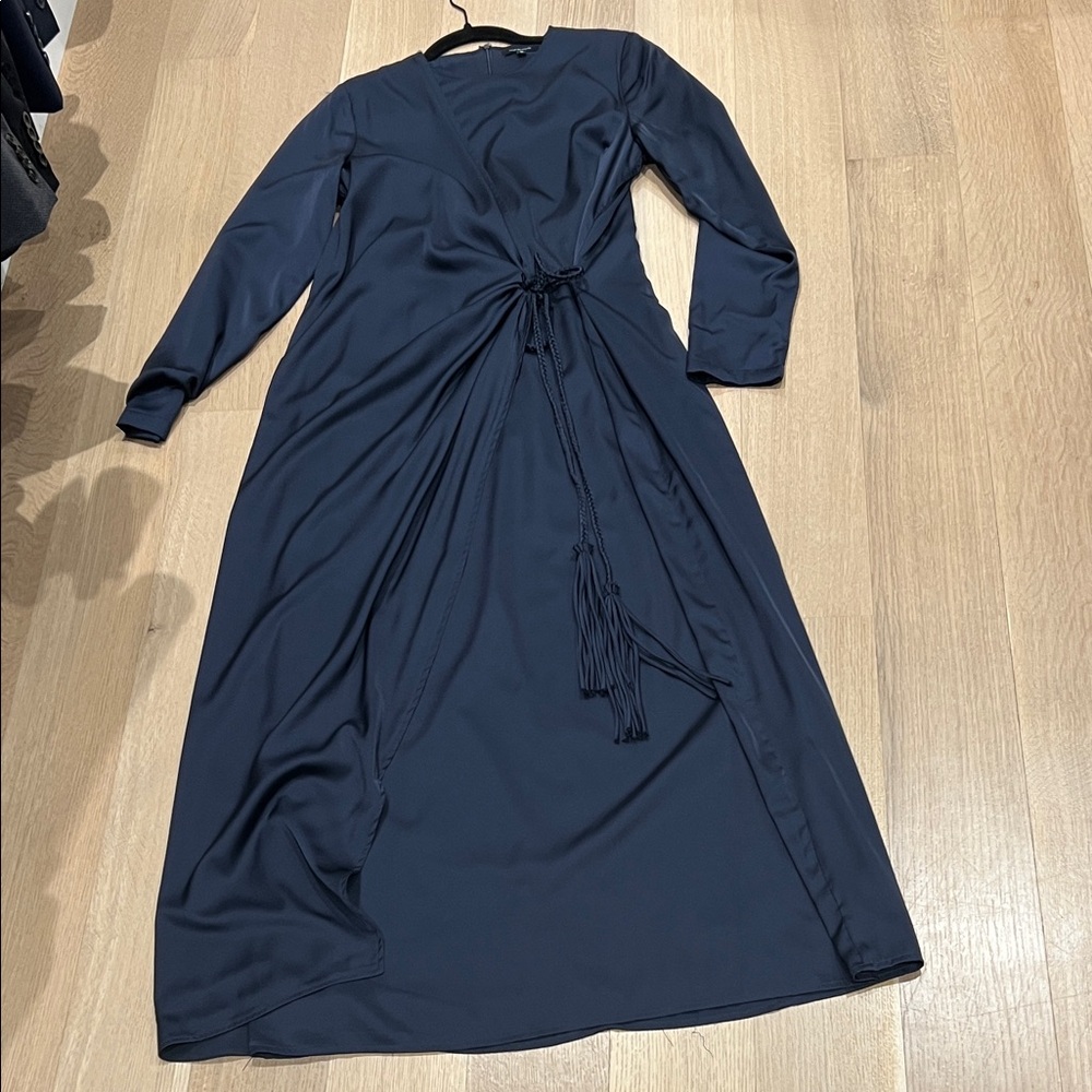 Long Sleeve Navy Wrap Maxi Dress with Tassel Waist Tie